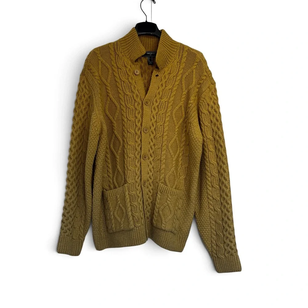 Mens Cable  Knit Cardigan Tan Brown Golden Yellow Shawl Collar Sweater XL Preppy